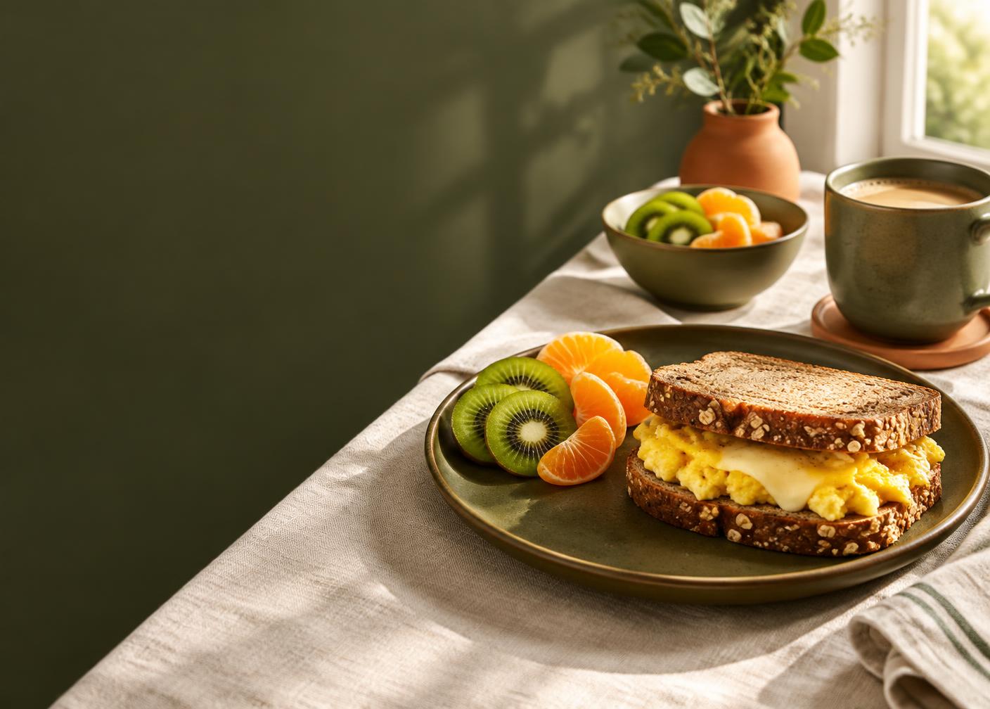 Foto ilustrativa de café da manhã com sanduíche de ovos, frutas e café